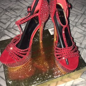 Lornia red rhinestone T strap high heels size 8